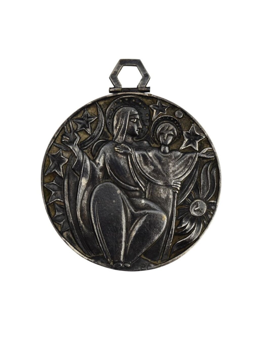 Art Deco Fernand Py French Cradle Medallion Silver Plate Bronze Madonna & Child